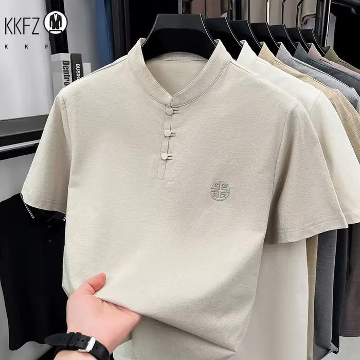 T-shirt décontracté homme col mandarin boutons grenouille brodé polyester été occassions spéciales