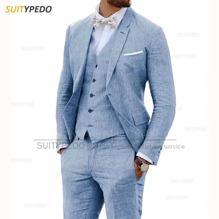 Costume en lin 3 pièces pour homme, coupe ajustée et décontractée, veste, gilet et pantalon classiques, idéal pour bal, mariage, affaires et smoking, adapté à toutes les saisons
