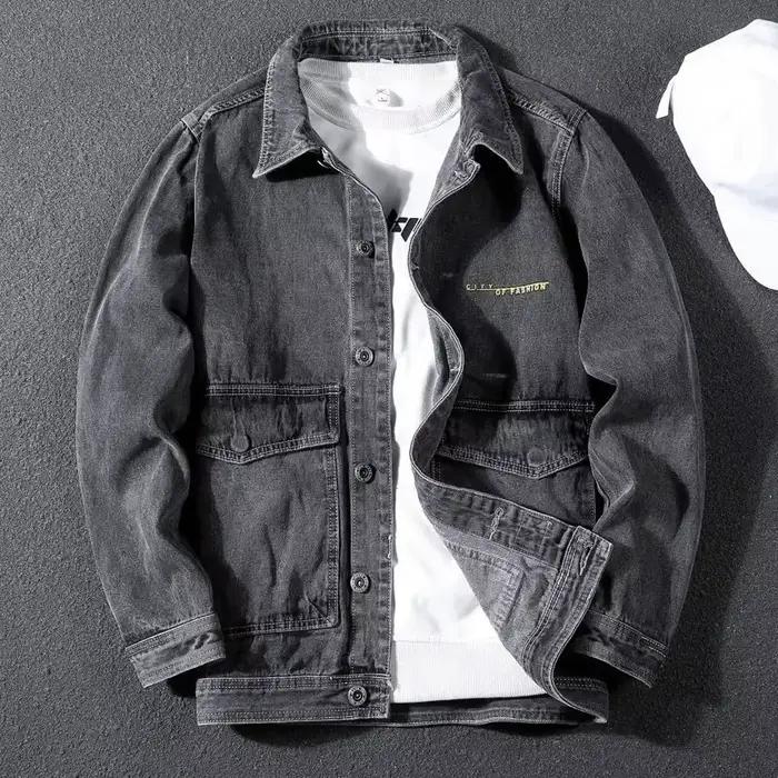 Veste en jean homme à épaules larges style safari avec col rabattu et bordure inférieure détachable pour les saisons printemps et automne occasions quotidiennes et voyages