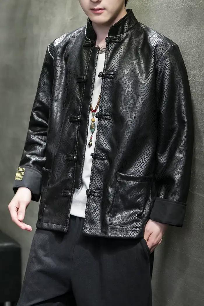 Nouveau Style Chinois Printemps Automne Veste pour Hommes Mode en peau de Serpent Jacquard Daim Velours Hanfu