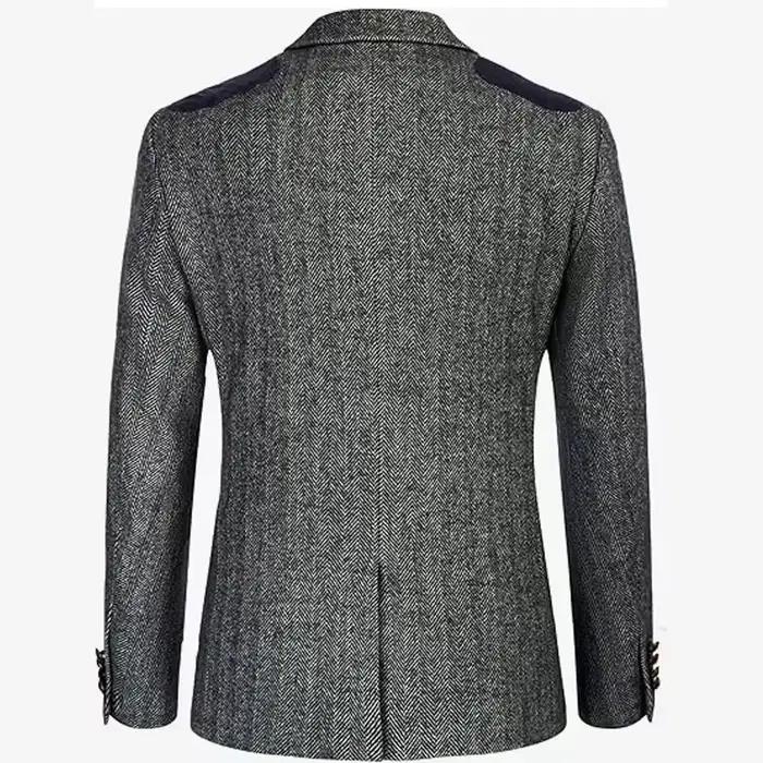 Blazer en tweed pour homme, mélange de laine à chevrons, écussons en velours aux épaules, coupe ajustée, veste de costume formelle, style britannique, manteau sport vintage