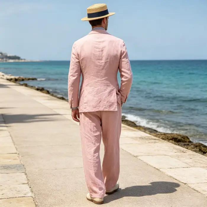 Costume en lin pour homme 2 pièces, coupe slim de luxe, blazer décontracté, pantalon droit, respirant, infroissable, léger, pour mariage et affaires