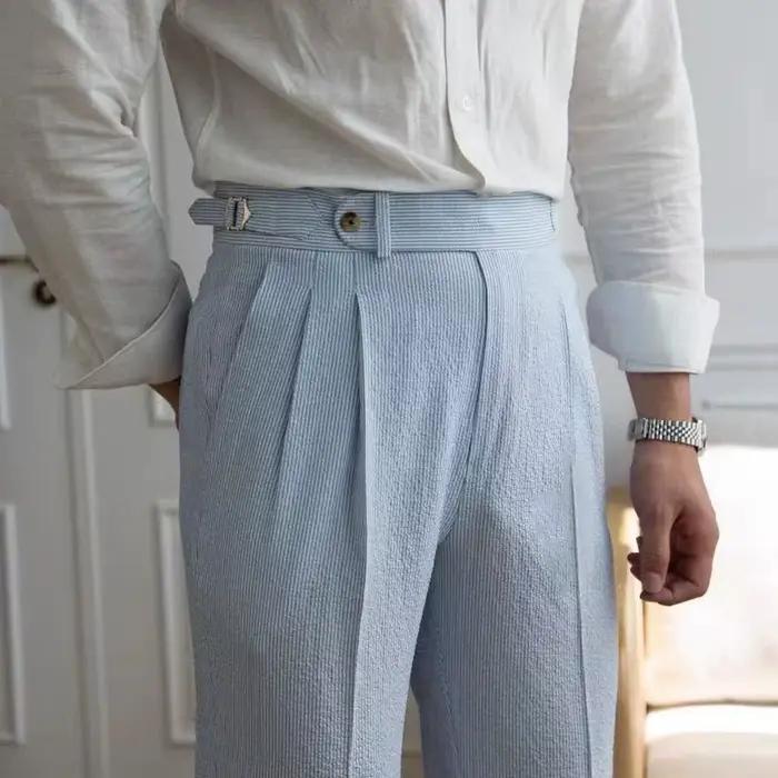 Style italien Naples costume pantalon hommes rayures bleues Seersucker taille haute Paris boucle