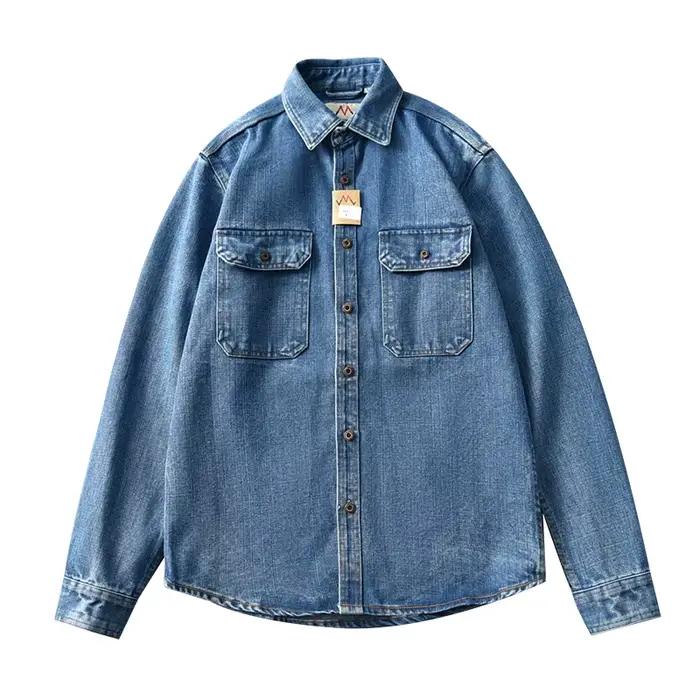 ChimMen-Chemise en Denim Bleu Délavé à l'Eau