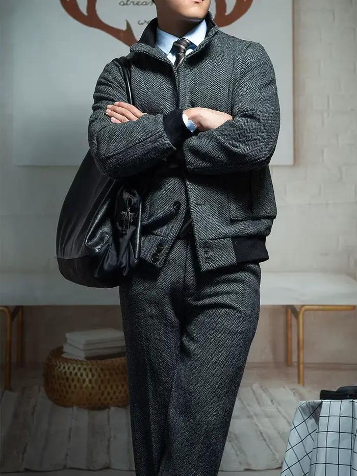 Veste Tweed Vintage à Chevrons POT & CRAFTSMAN pour Homme Style Décontracté Universitaire Automne Hiver Laine Coton Manche Côtelée Col Rabattu