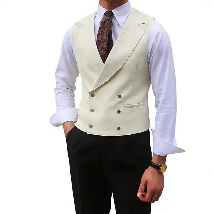 Hommes gilet marron solide pointe revers Double boutonnage sans manches veste mariage Banquet affaires décontracté mince
