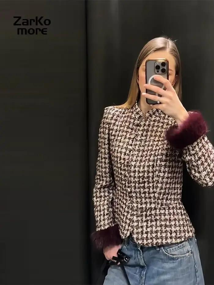 Veste élégante en tweed à carreaux pied-de-poule