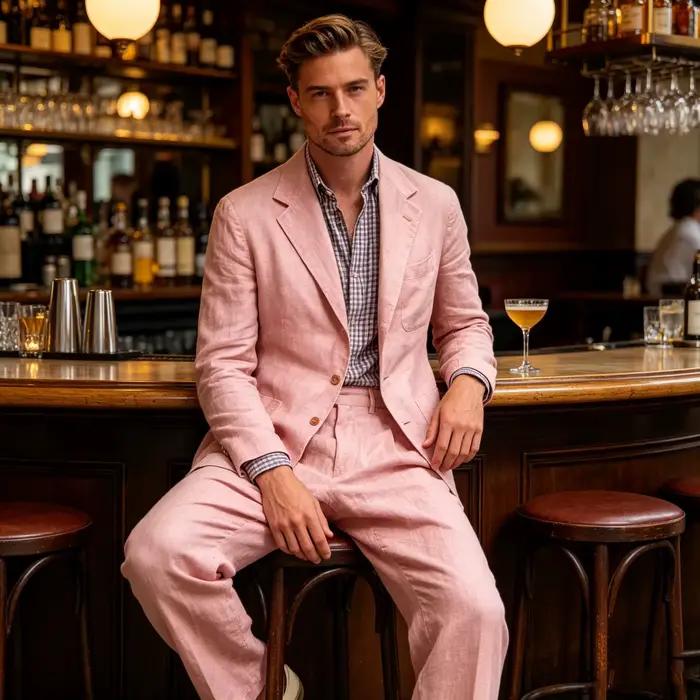 Costume en lin pour homme 2 pièces, coupe slim de luxe, blazer décontracté, pantalon droit, respirant, infroissable, léger, pour mariage et affaires