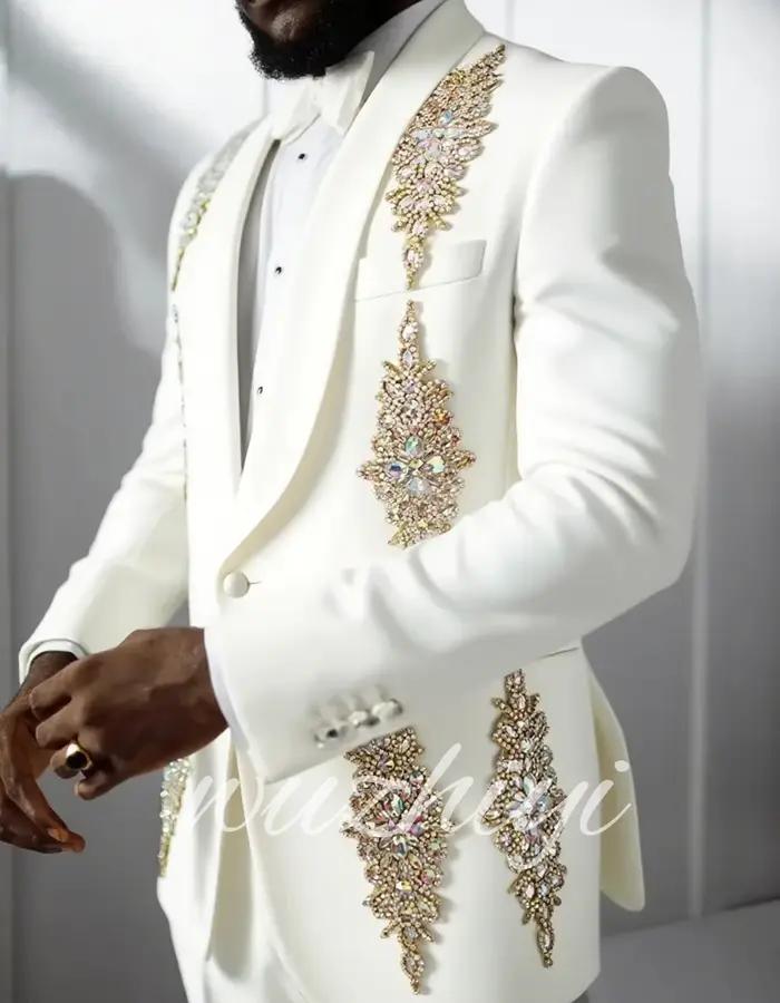 Costume de Mariage Blanc de Luxe pour Hommes Style Banquet avec Appliques Tendance et Revers Châle Personnalisable Occasions Spéciales