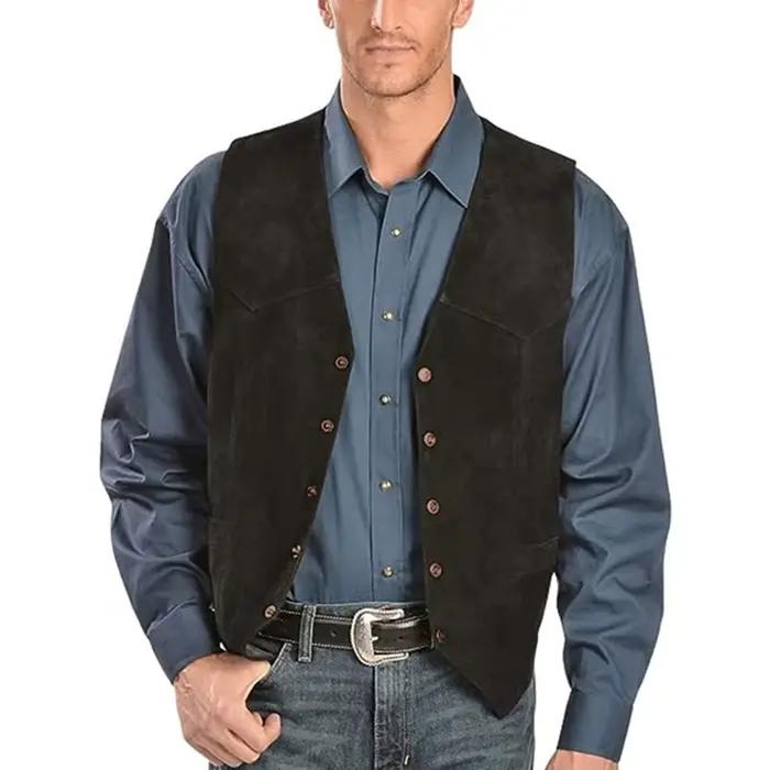 Gilet en coton et polyester vintage à col en V pour hommes, boutonnage simple, ourlet incurvé, idéal pour l'automne et l'hiver, vêtement d'extérieur décontracté