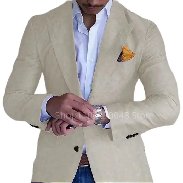 Blazer en lin pour hommes, style décontracté, coupe ajustée, entaillé, beige ou noir, idéal pour mariages, cérémonies, plage et affaires