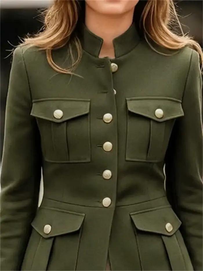 UOOZEE vestes de Style militaire pour femmes vert armée col montant bouton doré coupe ajustée multi-poches décontracté bureau Blazer vêtements d'extérieur
