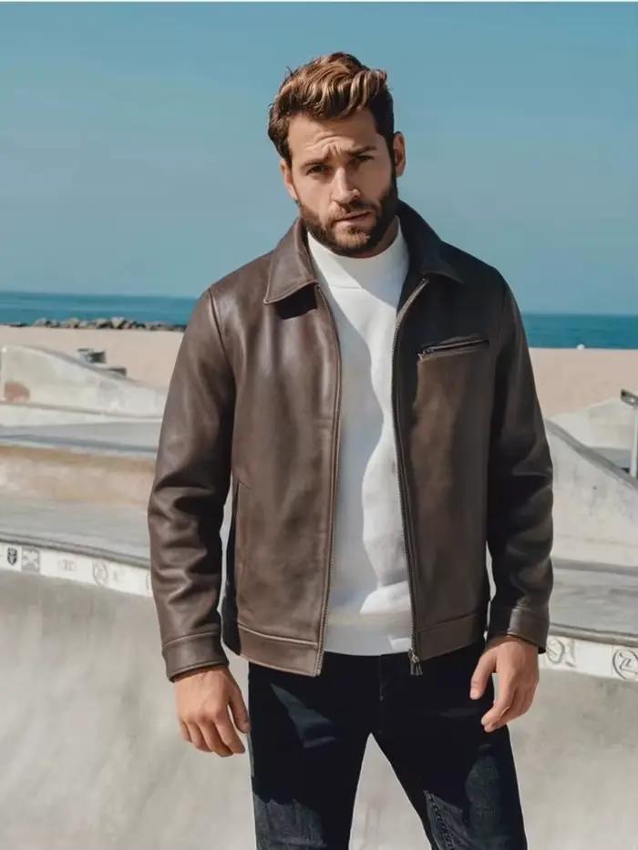 Veste d'automne en cuir véritable pour homme