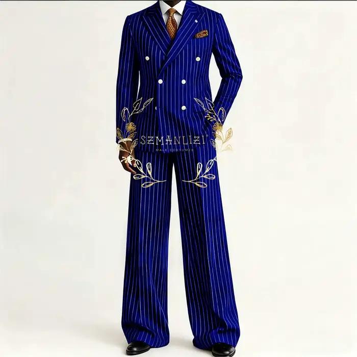 Costume rayé bleu marine élégant pour hommes, smoking de marié, costume de mariage, slim fit à double boutonnage, blazer et pantalon pour occasions spéciales