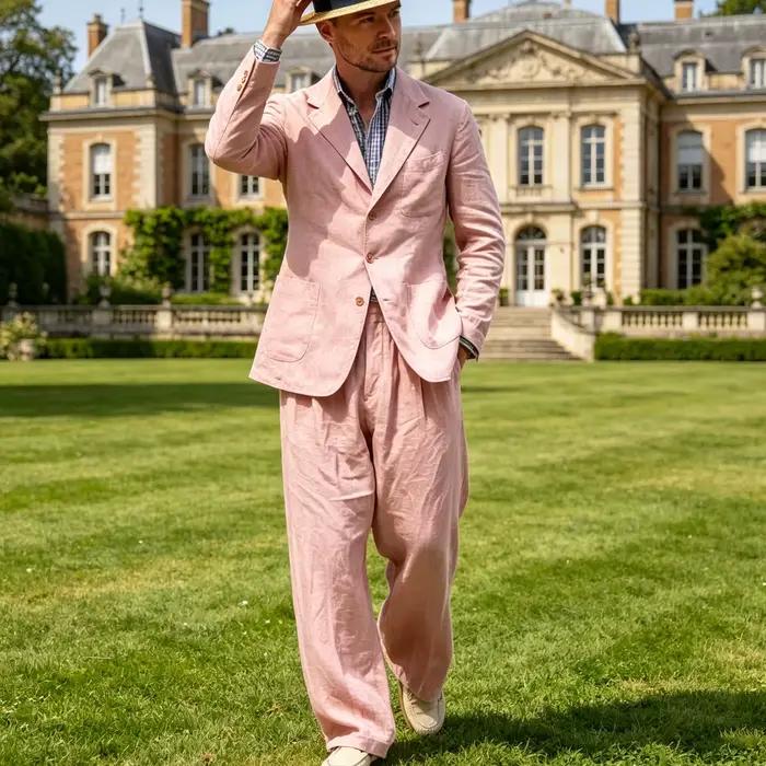 Costume en lin pour homme 2 pièces, coupe slim de luxe, blazer décontracté, pantalon droit, respirant, infroissable, léger, pour mariage et affaires