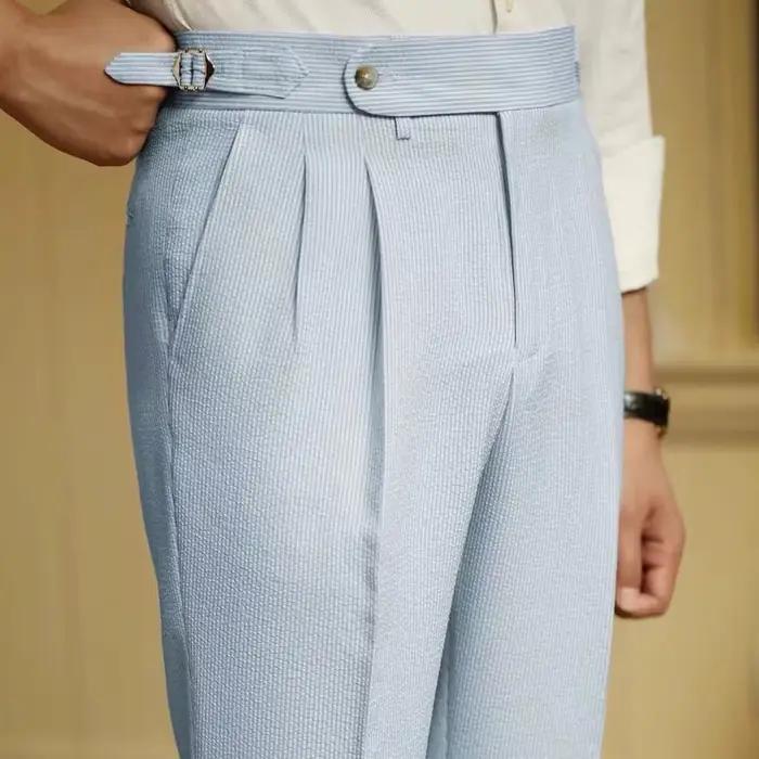 Style italien Naples costume pantalon hommes rayures bleues Seersucker taille haute Paris boucle