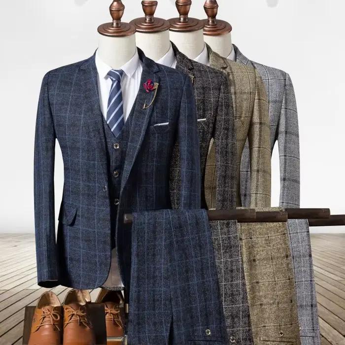 Vêtements de marié formels 3 pièces (Blazer + gilet + pantalon) costume pour hommes mode affaires Gentleman mariage décontracté Plaid coton lin veste