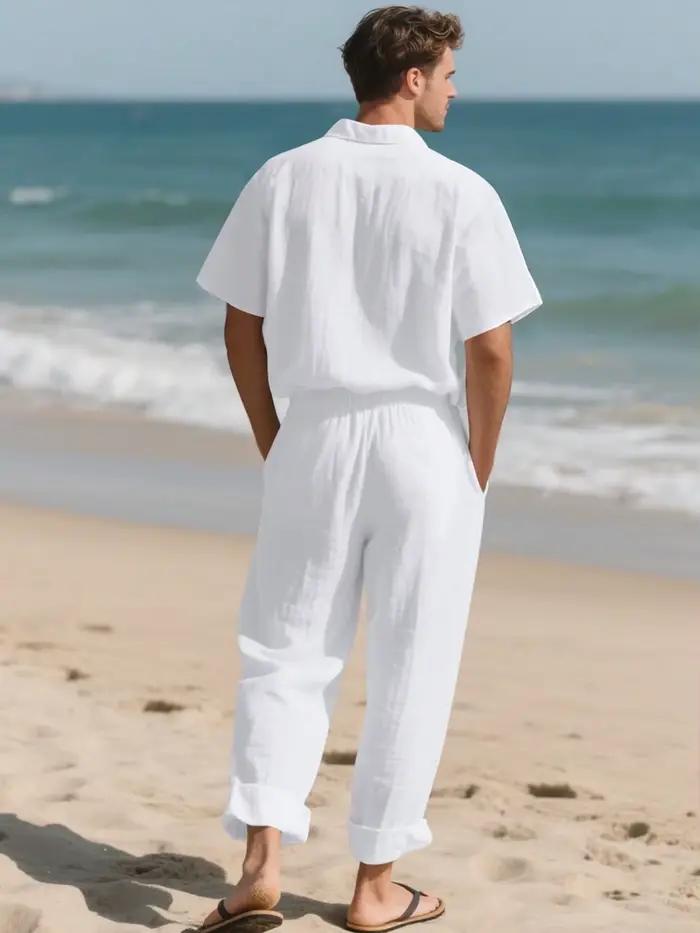 Costume décontracté homme en lin tissé revers élastiques manches courtes pantalon coloris doux confortable simple adapté été voyage