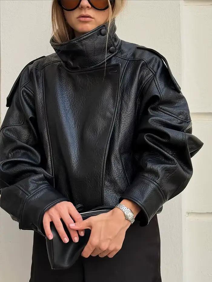 HH automne veste en simili cuir pour femmes décontracté solide fermeture éclair manches longues