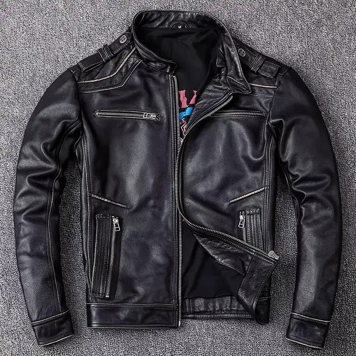 Veste en cuir de vachette véritable noir rétro pour hommes