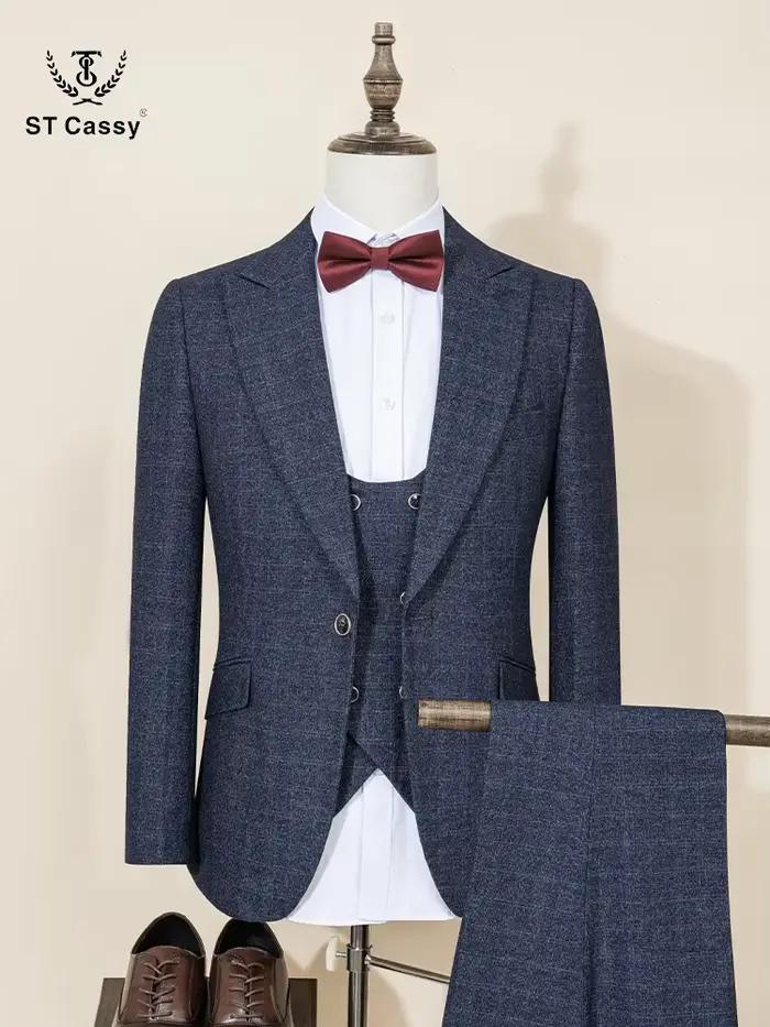 Costume ST Cassy en polyester et rayonne pour hommes, mariage et cérémonies décontractées, coupe ajustée, boutonnage simple, tricoté, disponible en différentes tailles