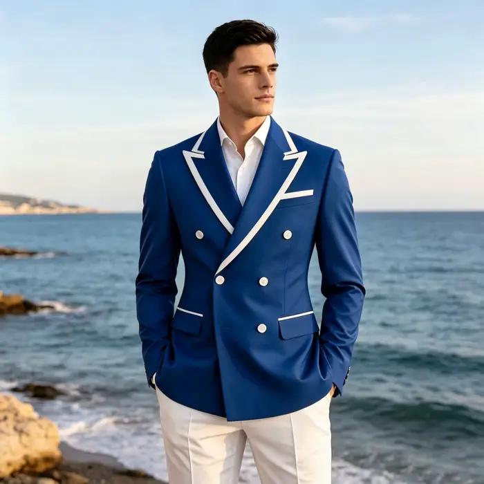 Blazer de costume bleu marine pour homme style classique croisé double boutonnage coupe ajustée revers à pointe garniture blanche veste formelle mariage marié soirées affaires occasions spéciales