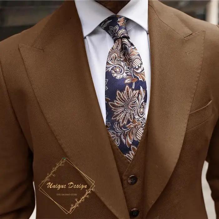 Costume marron classique homme 3 pièces veste à revers gilet pantalon élégant pour mariage banquets galas concerts