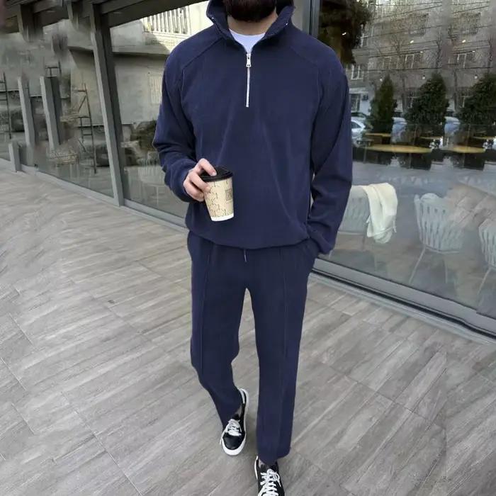Nouveau costume décontracté pour homme en velours côtelé tendance avec col montant et demi-fermeture éclair