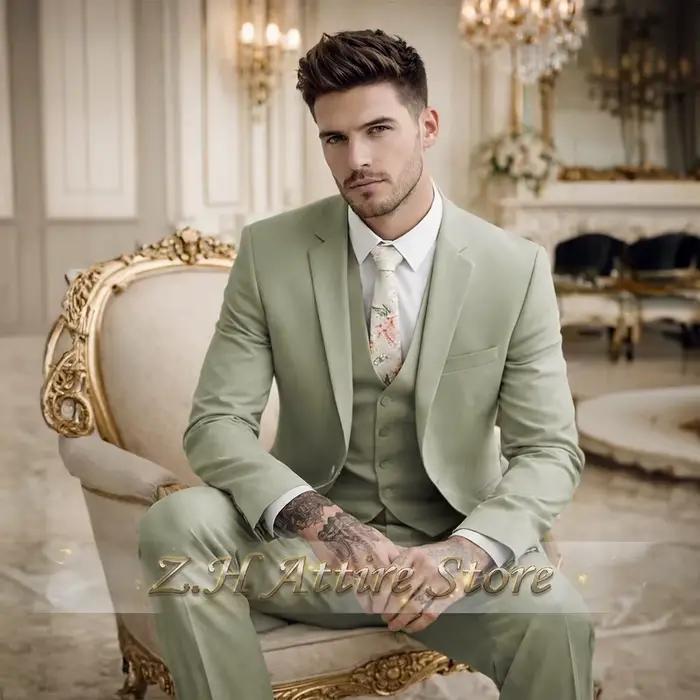 Costume 3 pièces vert sauge pour homme – Veste