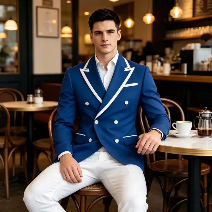 Blazer de costume bleu marine pour homme style classique croisé double boutonnage coupe ajustée revers à pointe garniture blanche veste formelle mariage marié soirées affaires occasions spéciales