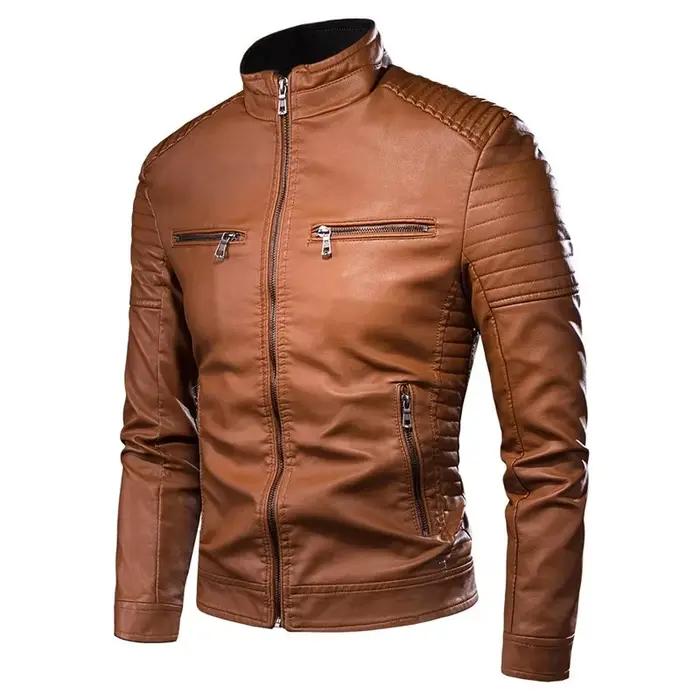 Veste en cuir pour hommes à la mode coupe ajustée col montant