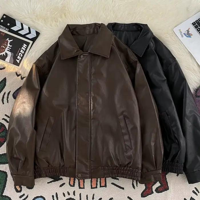 Veste en cuir PU marron pour homme