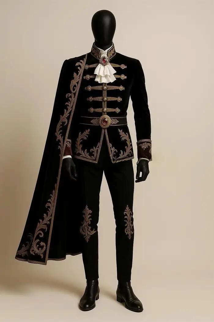 Noir or brodé victorien Rococo Baroque gothique Prince roi aristocrate Gentleman médiéval chevalier Costume tenue militaire