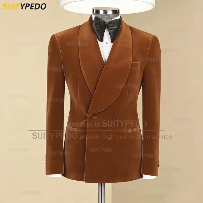 Bref bordeaux velours hommes costume manteau formel mariage marié châle revers veste Forma soirée élégant mâle smoking (un Blazer)