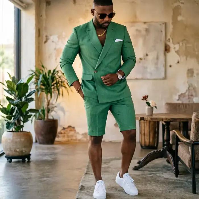 Costume d'été vert sauge décontracté pour homme, léger et respirant, idéal pour les vacances et les occasions quotidiennes