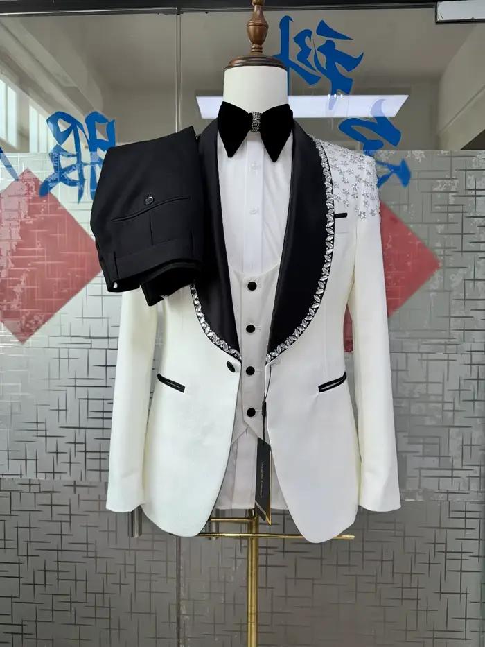 Costume de Mariage de Luxe pour Homme avec Revers Châle Orné de Strass