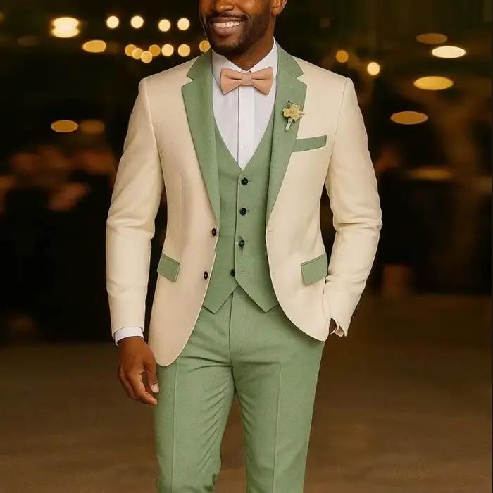 Costumes de costume pour hommes 3 pièces Blazer vert clair gilet pantalon Tuxedos de mariage