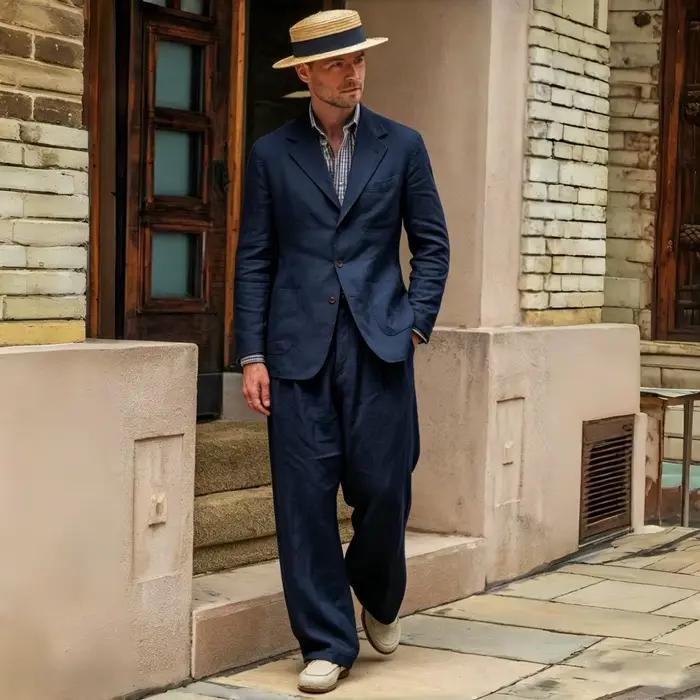 Costume de bal décontracté en lin beige 2 pièces style vintage années 70 pour homme