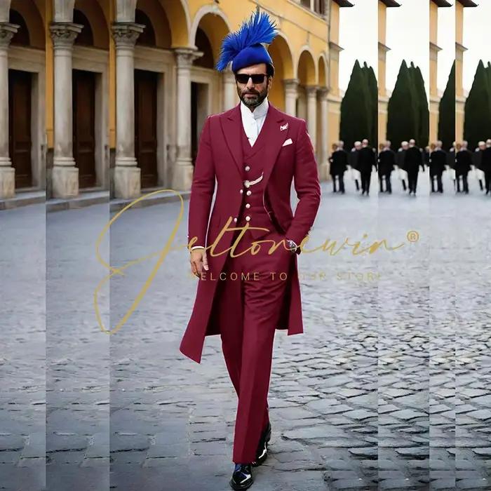 Costumes pour hommes bleu royal 3 pièces Veste longue Gilet Pantalon Revers en pointe Queue-de-pie Tenues Business Casual Tenue de bureau Mariage Smoking