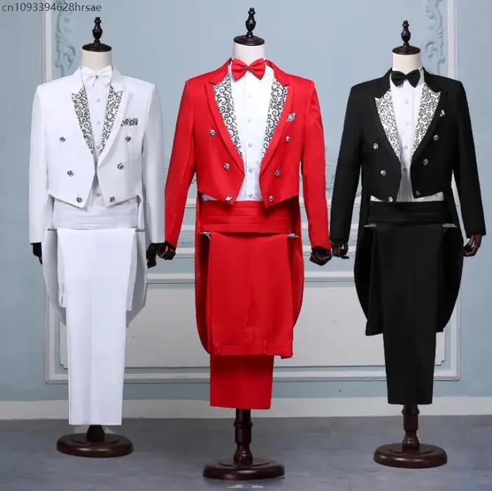 Costume de chanteur manteau queue à revers noir et blanc blazer smoking vintage gilet pantalon cravate ensemble bal mariage occassionnels spéciales