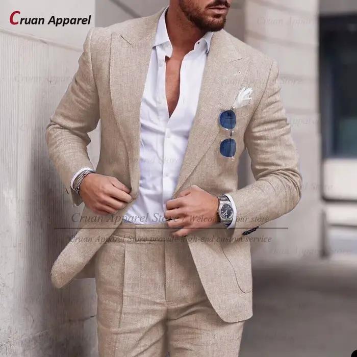 Ensemble de Blazer et Pantalon en Lin Bleu Ciel Décontracté pour Hommes Occasions Spéciales et Journées de Travail