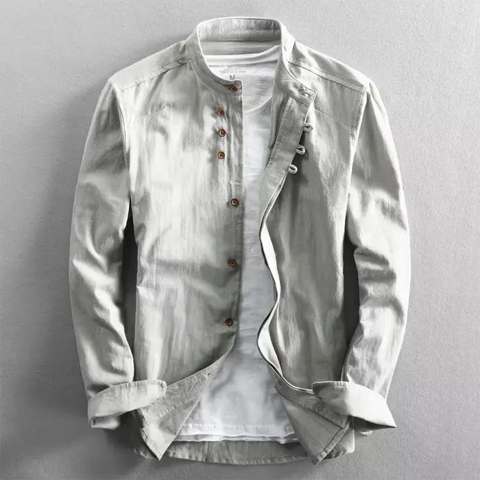 Chemise en lin décontractée col mandarin style chinois manches longues boutons grenouille pour hommes toutes saisons occasions quotidiennes