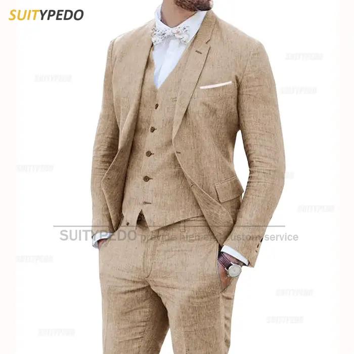 Costume en lin 3 pièces pour homme, coupe ajustée et décontractée, veste, gilet et pantalon classiques, idéal pour bal, mariage, affaires et smoking, adapté à toutes les saisons