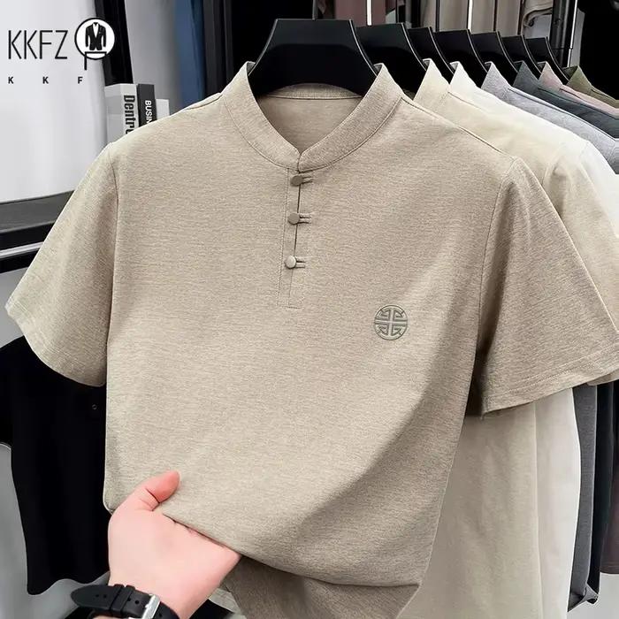 T-shirt décontracté homme col mandarin boutons grenouille brodé polyester été occassions spéciales