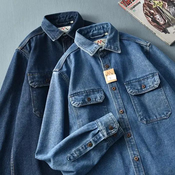 ChimMen-Chemise en Denim Bleu Délavé à l'Eau