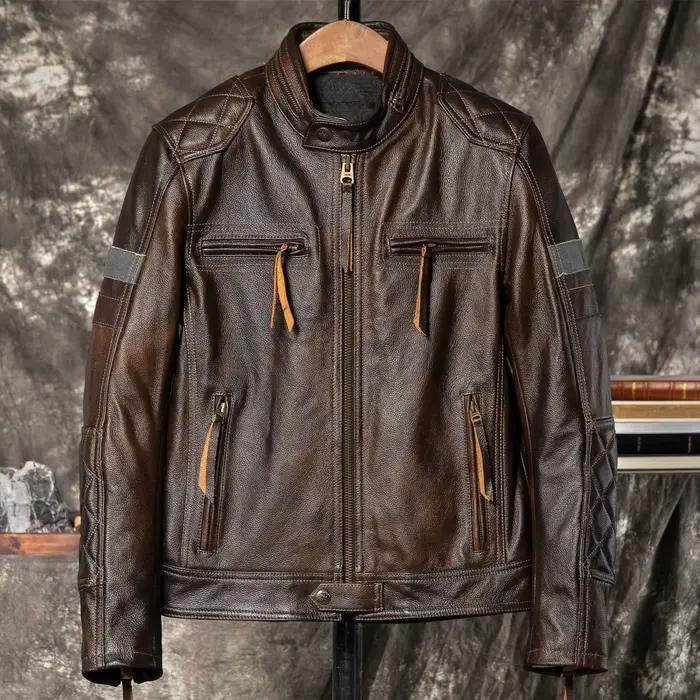 Veste d'automne en cuir marron foncé pour hommes