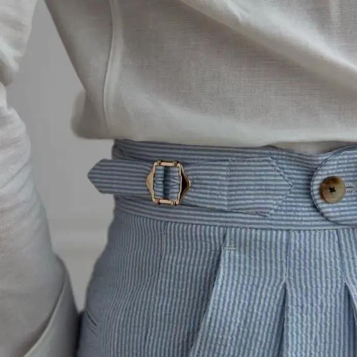 Style italien Naples costume pantalon hommes rayures bleues Seersucker taille haute Paris boucle