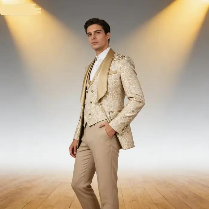 Costume de smoking formel 3 pièces en jacquard champagne pour homme avec blazer à revers châle
