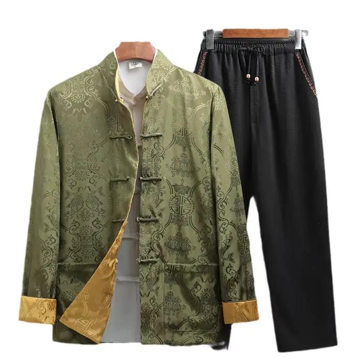Costume deux pièces bleu pour homme de style chinois : Veste jacquard rouge à col montant et à simple boutonnage