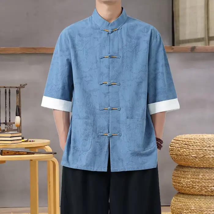 Chemise imprimée légère à col Mandarin pour hommes